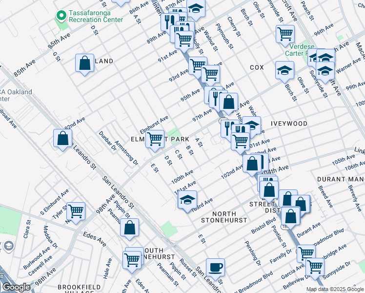 map of restaurants, bars, coffee shops, grocery stores, and more near 1172 98th Avenue in Oakland