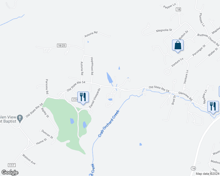 map of restaurants, bars, coffee shops, grocery stores, and more near 837 Glenview Road in Crab Orchard
