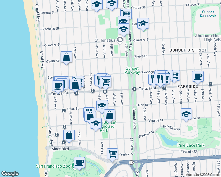 map of restaurants, bars, coffee shops, grocery stores, and more near 2920 Taraval Street in San Francisco