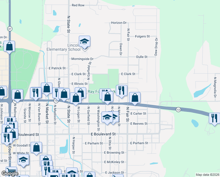 map of restaurants, bars, coffee shops, grocery stores, and more near 1305 North Otis Street in Marion
