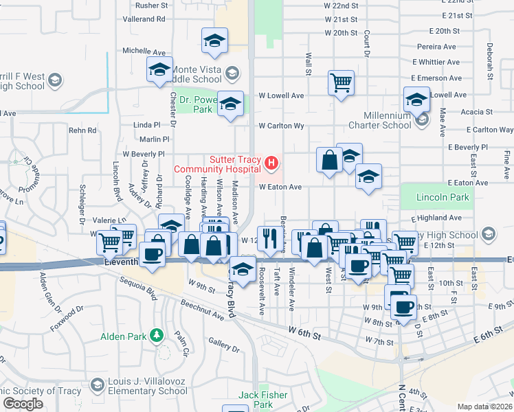 map of restaurants, bars, coffee shops, grocery stores, and more near 530 West Eaton Avenue in Tracy