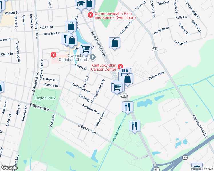 map of restaurants, bars, coffee shops, grocery stores, and more near 930 Dixiana Drive in Owensboro