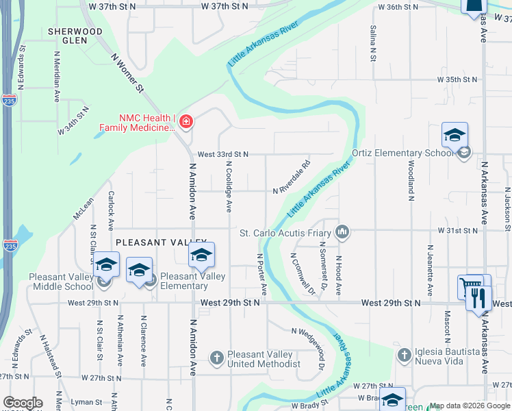 map of restaurants, bars, coffee shops, grocery stores, and more near 1425 W 32nd St N in Wichita