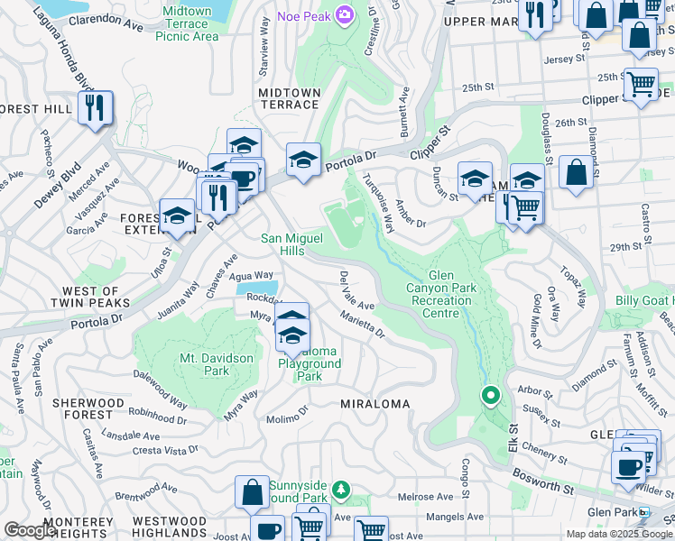 map of restaurants, bars, coffee shops, grocery stores, and more near 292 Evelyn Way in San Francisco