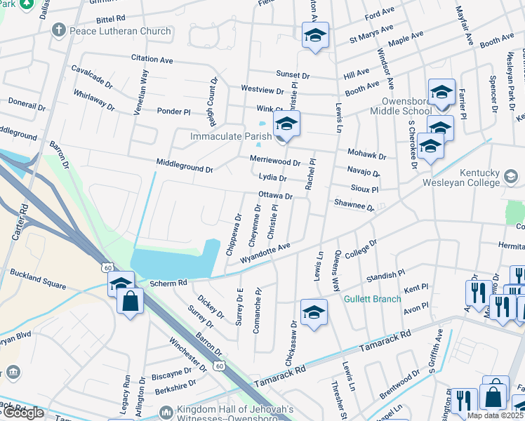 map of restaurants, bars, coffee shops, grocery stores, and more near 2905 Cheyenne Drive in Owensboro