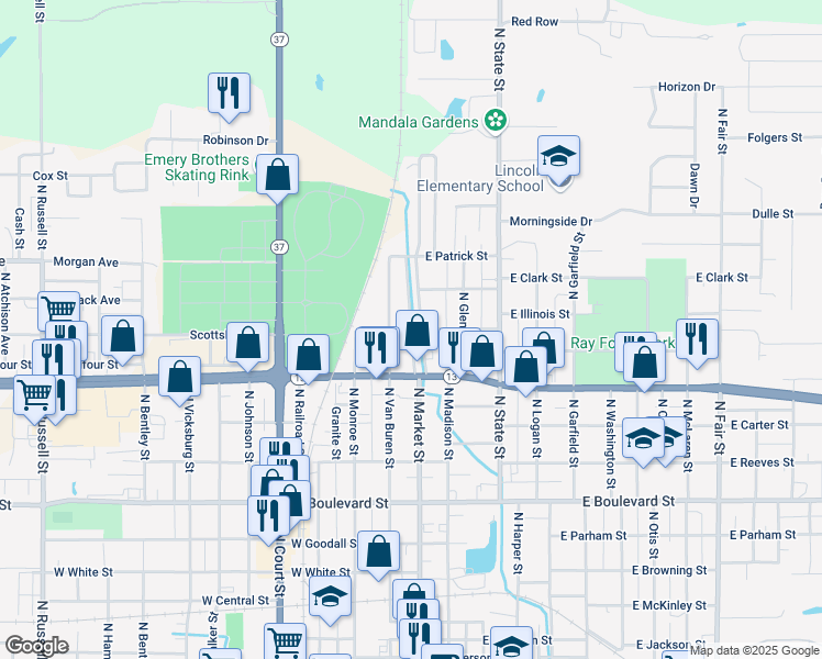 map of restaurants, bars, coffee shops, grocery stores, and more near 3057 North Market Street in Marion