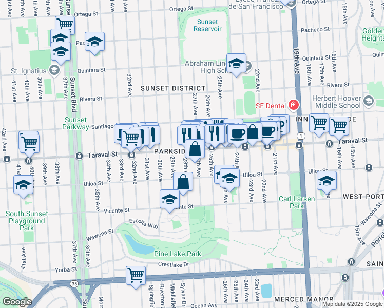 map of restaurants, bars, coffee shops, grocery stores, and more near 2379 28th Avenue in San Francisco