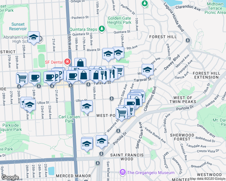 map of restaurants, bars, coffee shops, grocery stores, and more near 401 Taraval Street in San Francisco