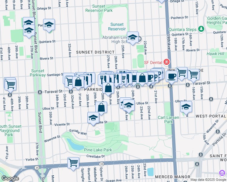 map of restaurants, bars, coffee shops, grocery stores, and more near 1644 Taraval Street in San Francisco