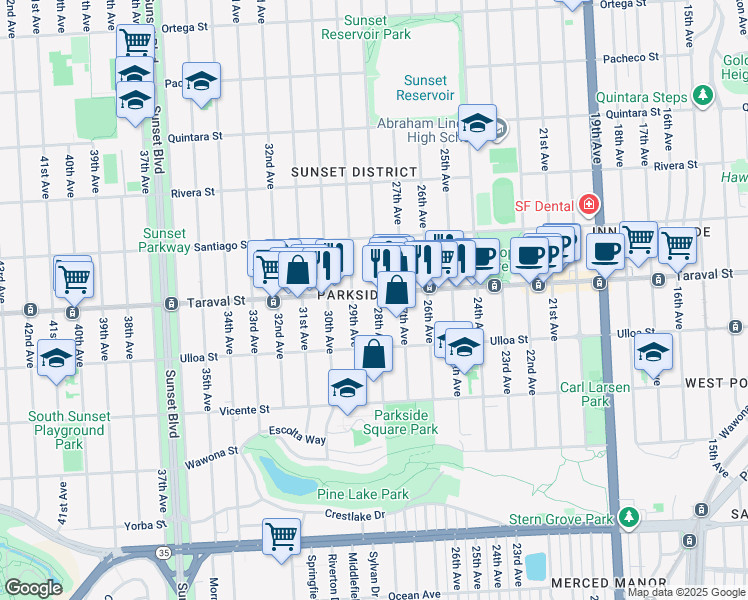 map of restaurants, bars, coffee shops, grocery stores, and more near 2379 28th Avenue in San Francisco