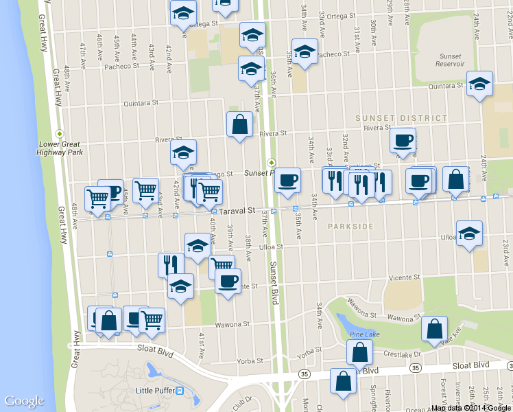 map of restaurants, bars, coffee shops, grocery stores, and more near 2356 38th Avenue in San Francisco