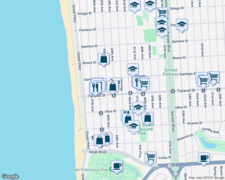 map of restaurants, bars, coffee shops, grocery stores, and more near 2334 45th Avenue in San Francisco