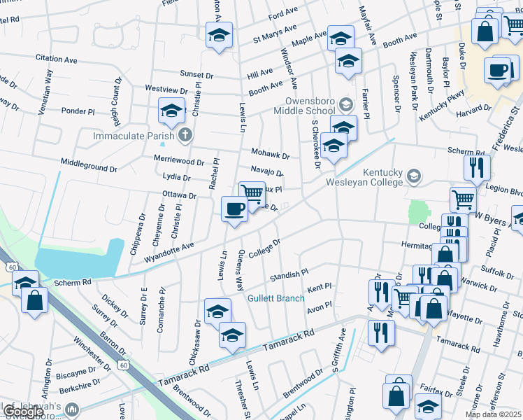 map of restaurants, bars, coffee shops, grocery stores, and more near 1638 Sioux Pl in Owensboro