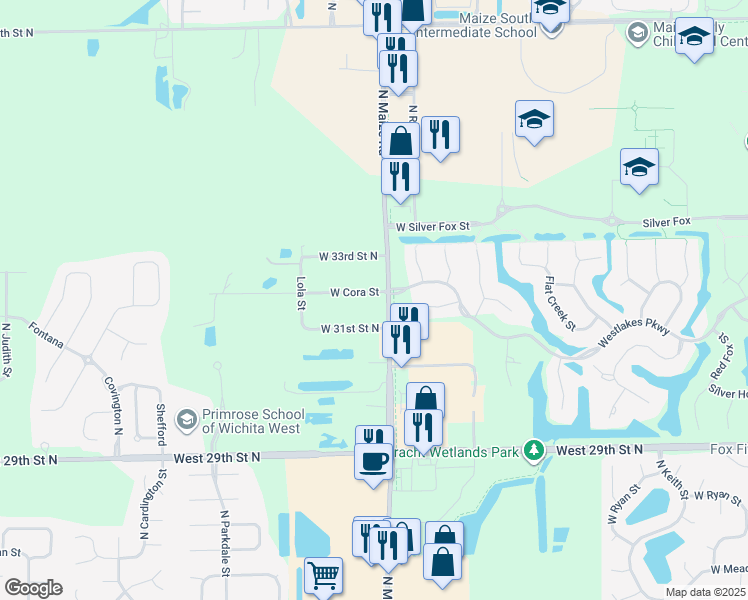 map of restaurants, bars, coffee shops, grocery stores, and more near 10440 West Cora Street in Wichita