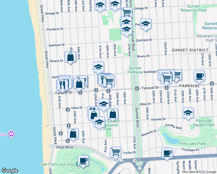 map of restaurants, bars, coffee shops, grocery stores, and more near 2385 40th Avenue in San Francisco