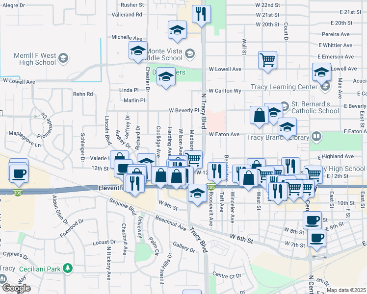 map of restaurants, bars, coffee shops, grocery stores, and more near 1310 Wilson Avenue in Tracy