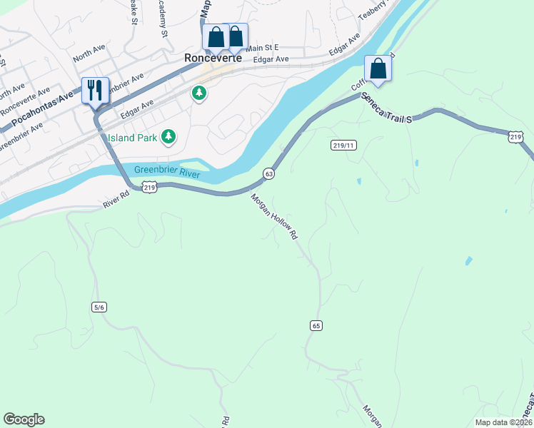 map of restaurants, bars, coffee shops, grocery stores, and more near 2968 Morgan Hollow Road in Ronceverte