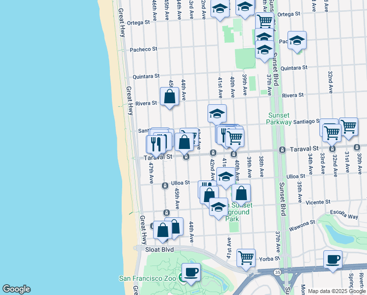 map of restaurants, bars, coffee shops, grocery stores, and more near 2334 45th Avenue in San Francisco