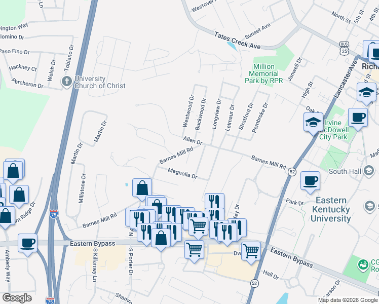 map of restaurants, bars, coffee shops, grocery stores, and more near 512 Allen Drive in Richmond