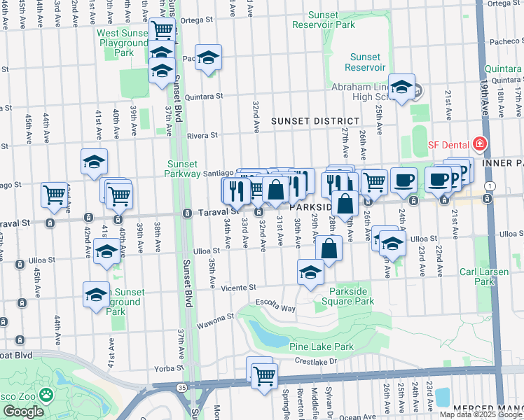 map of restaurants, bars, coffee shops, grocery stores, and more near Taraval Street & 32nd Avenue in San Francisco