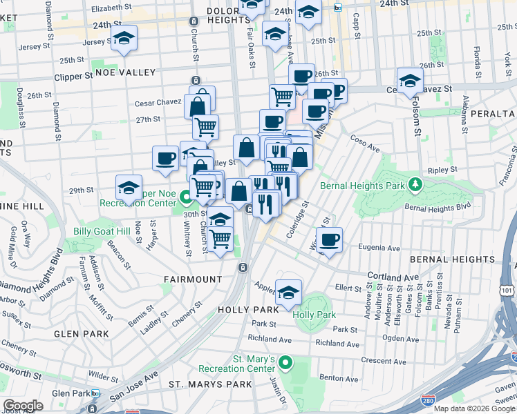 map of restaurants, bars, coffee shops, grocery stores, and more near in San Francisco