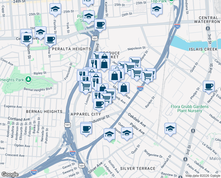 map of restaurants, bars, coffee shops, grocery stores, and more near 2200-2250 McKinnon Ave in San Francisco