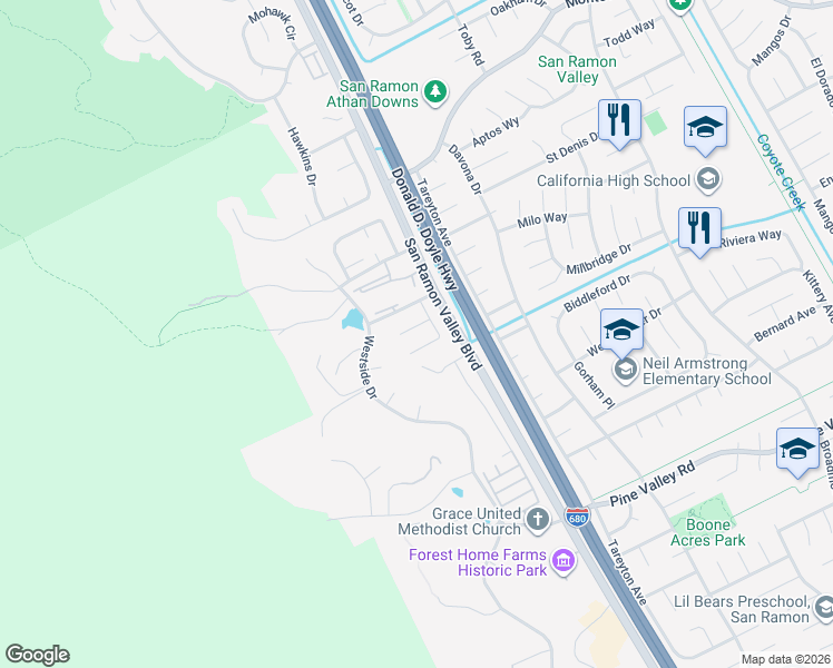 map of restaurants, bars, coffee shops, grocery stores, and more near 156 Elisha Lane in San Ramon