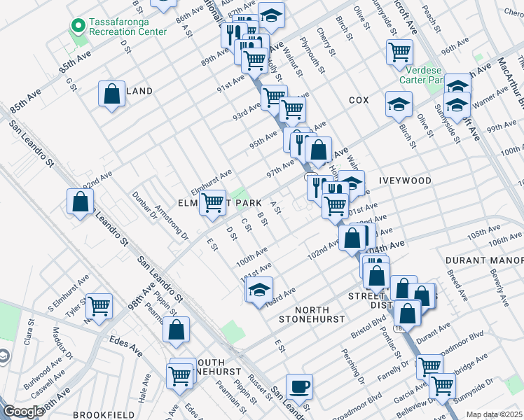 map of restaurants, bars, coffee shops, grocery stores, and more near 9820 B Street in Oakland