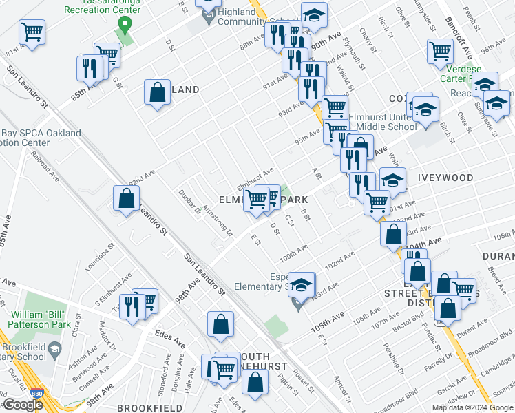map of restaurants, bars, coffee shops, grocery stores, and more near 9642 D Street in Oakland