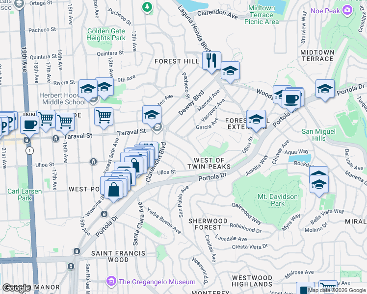 map of restaurants, bars, coffee shops, grocery stores, and more near 166 Kensington Way in San Francisco