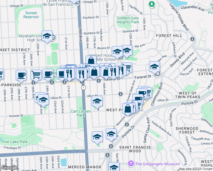 map of restaurants, bars, coffee shops, grocery stores, and more near in San Francisco