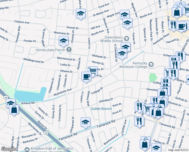 map of restaurants, bars, coffee shops, grocery stores, and more near 1741 Shawnee Drive in Owensboro