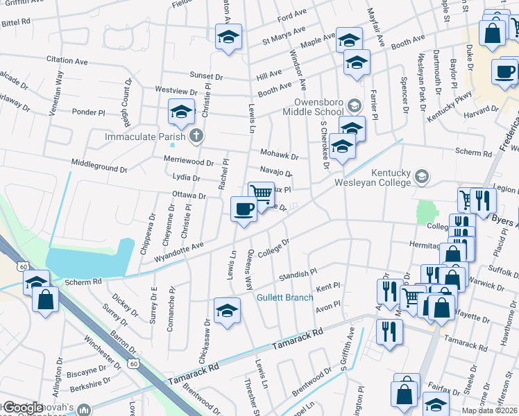 map of restaurants, bars, coffee shops, grocery stores, and more near 1741 Shawnee Drive in Owensboro