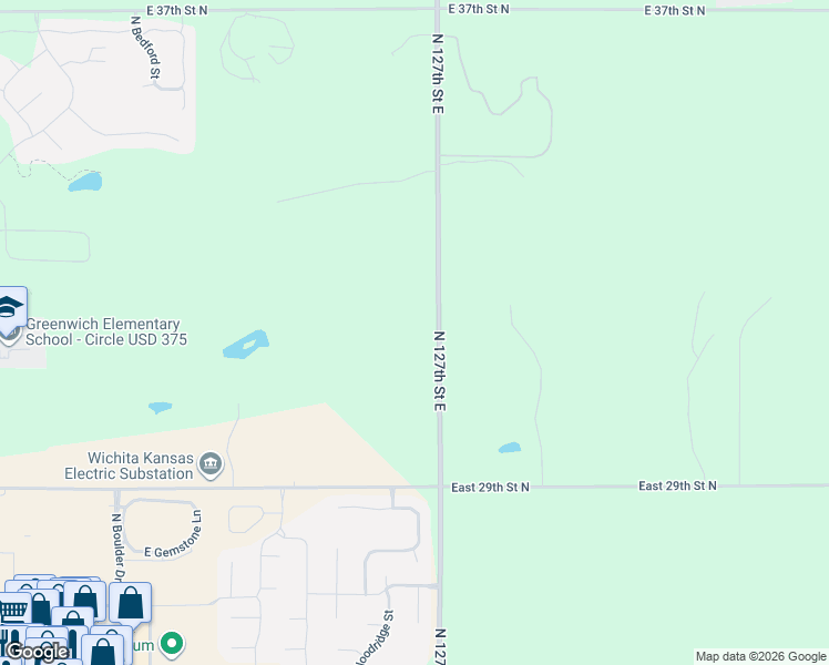 map of restaurants, bars, coffee shops, grocery stores, and more near 3001-3525 North 127th Street East in Sedgwick County