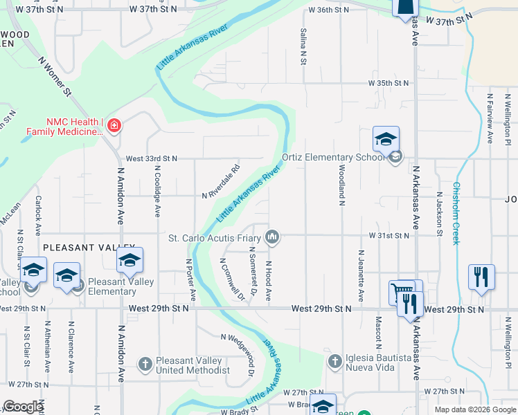 map of restaurants, bars, coffee shops, grocery stores, and more near 3269 North Hood Court in Wichita