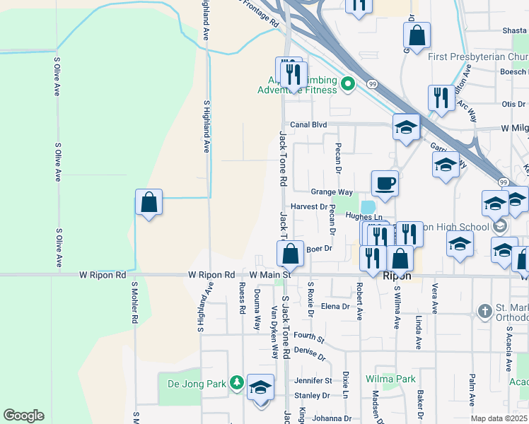 map of restaurants, bars, coffee shops, grocery stores, and more near 23737 Jack Tone Road in Ripon