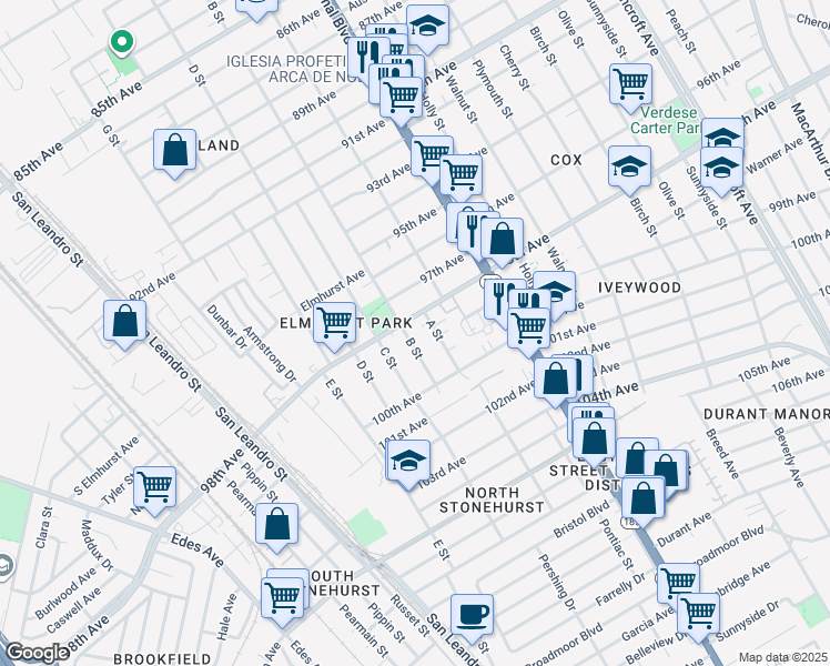 map of restaurants, bars, coffee shops, grocery stores, and more near 9820 B Street in Oakland