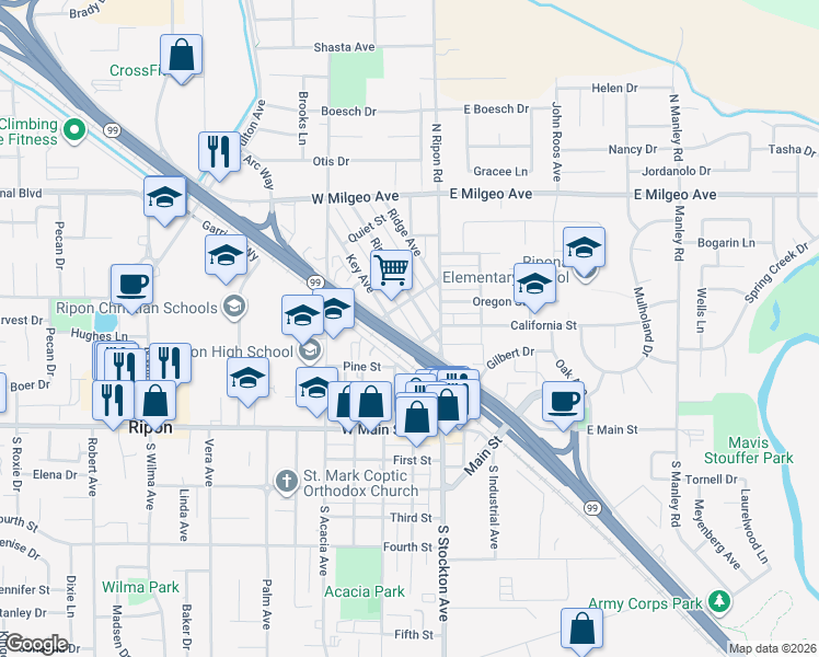 map of restaurants, bars, coffee shops, grocery stores, and more near 424 Frontage Road in Ripon