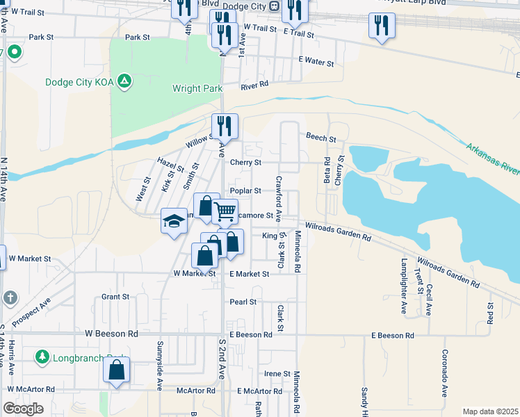 map of restaurants, bars, coffee shops, grocery stores, and more near 201-299 Poplar Street in Dodge City