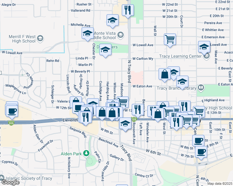 map of restaurants, bars, coffee shops, grocery stores, and more near 1350 Wilson Avenue in Tracy