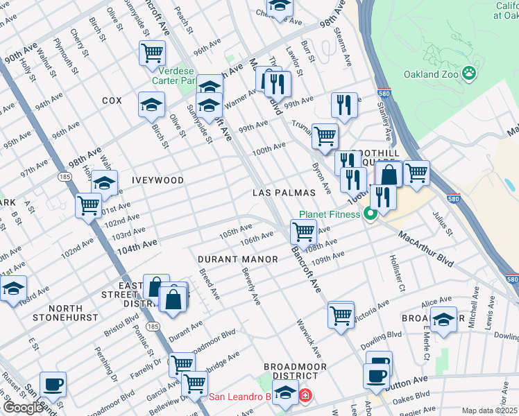 map of restaurants, bars, coffee shops, grocery stores, and more near 2167 104th Avenue in Oakland