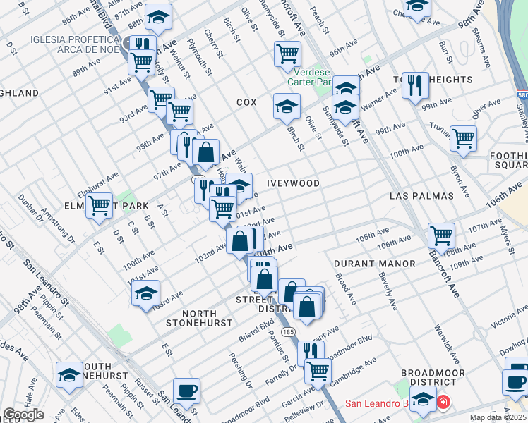 map of restaurants, bars, coffee shops, grocery stores, and more near 10100 Walnut Street in Oakland