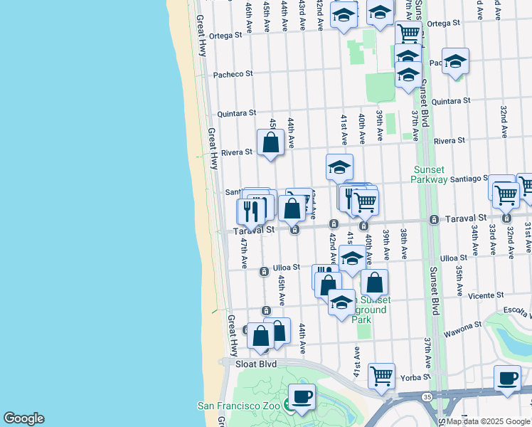 map of restaurants, bars, coffee shops, grocery stores, and more near 2331 46th Avenue in San Francisco