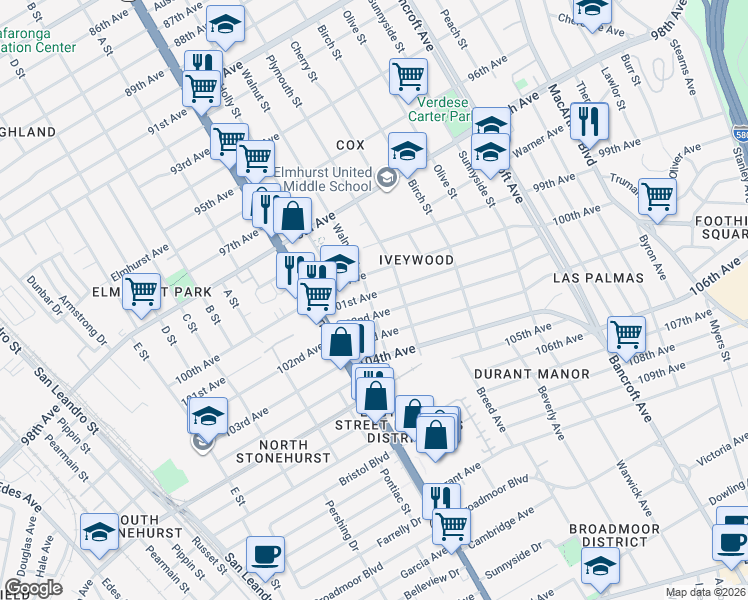 map of restaurants, bars, coffee shops, grocery stores, and more near 10100 Walnut Street in Oakland