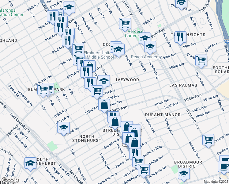 map of restaurants, bars, coffee shops, grocery stores, and more near 10100 Walnut Street in Oakland