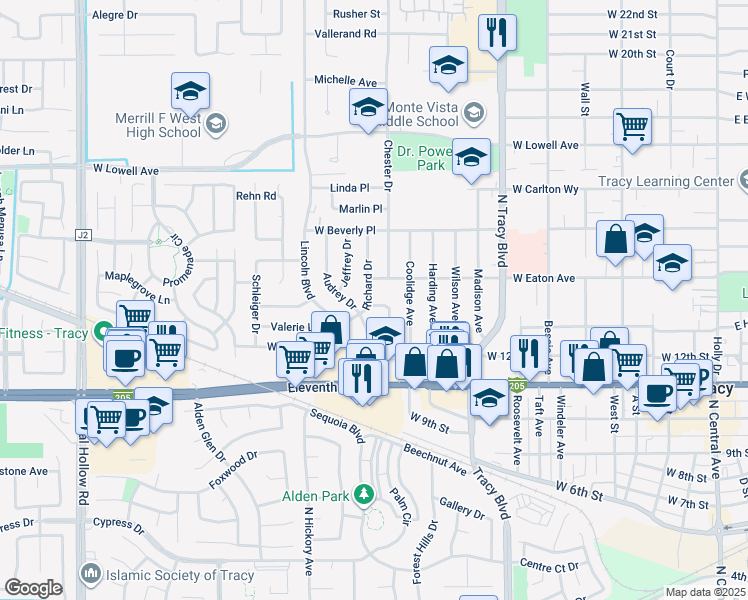 map of restaurants, bars, coffee shops, grocery stores, and more near 1300 Richard Drive in Tracy