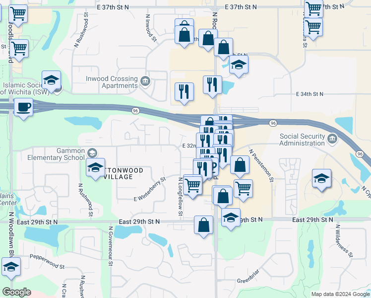map of restaurants, bars, coffee shops, grocery stores, and more near 7715 East 32nd Street North in Wichita