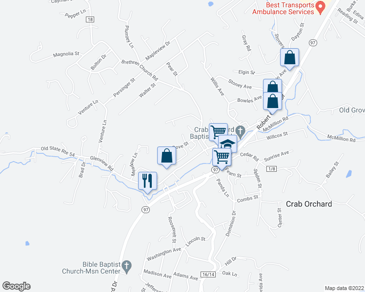 map of restaurants, bars, coffee shops, grocery stores, and more near Avery Street in Beckley