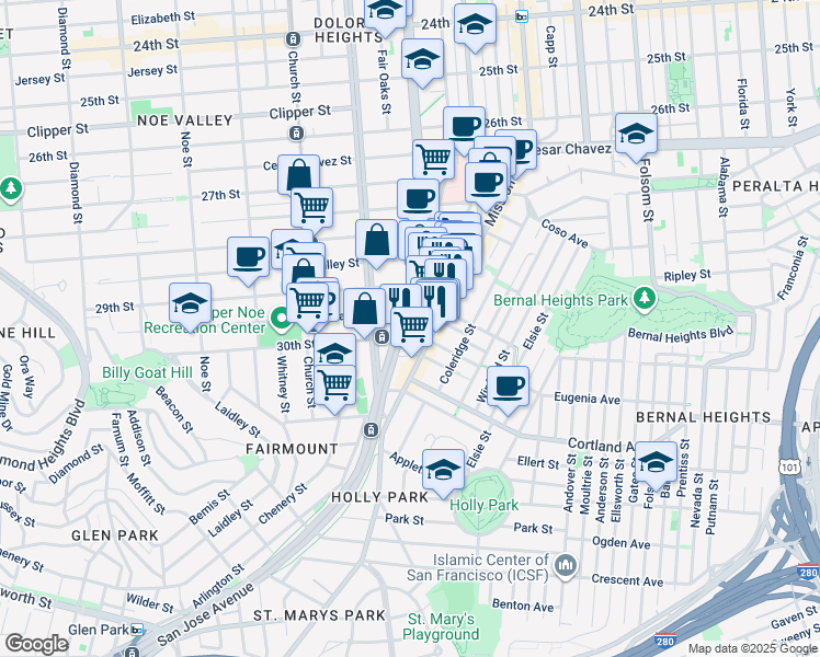 map of restaurants, bars, coffee shops, grocery stores, and more near 785 San Jose Avenue in San Francisco