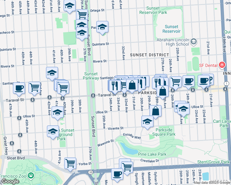 map of restaurants, bars, coffee shops, grocery stores, and more near 2366 34th Avenue in San Francisco